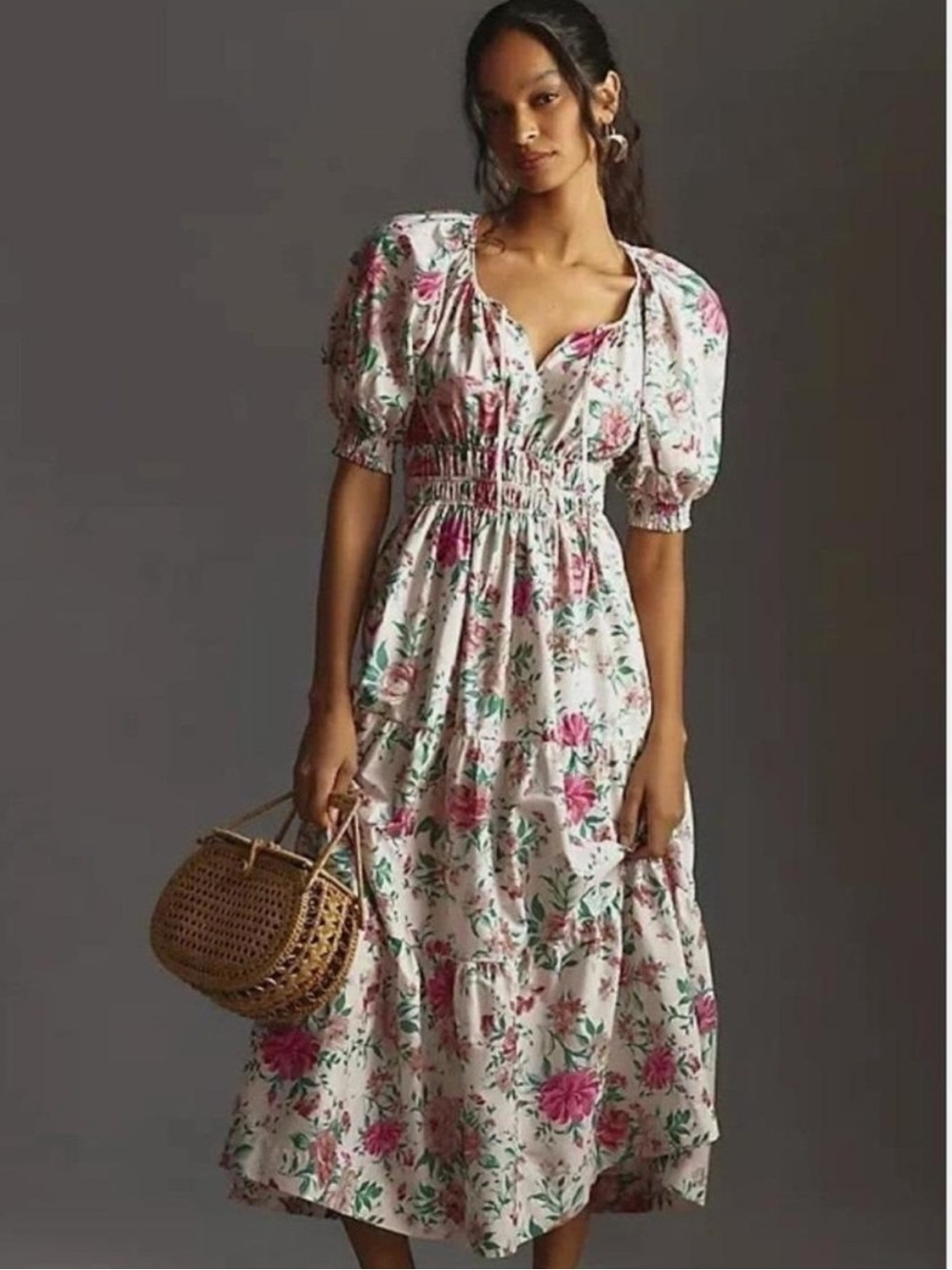 Anthropologie White Floral Midi Dress with Pink and Green Print